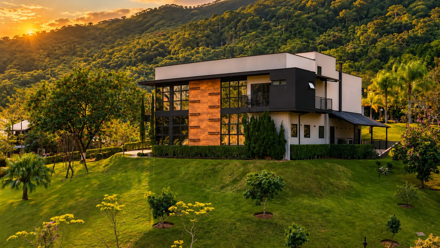 Residência principal do Sítio Varella ao entardecer